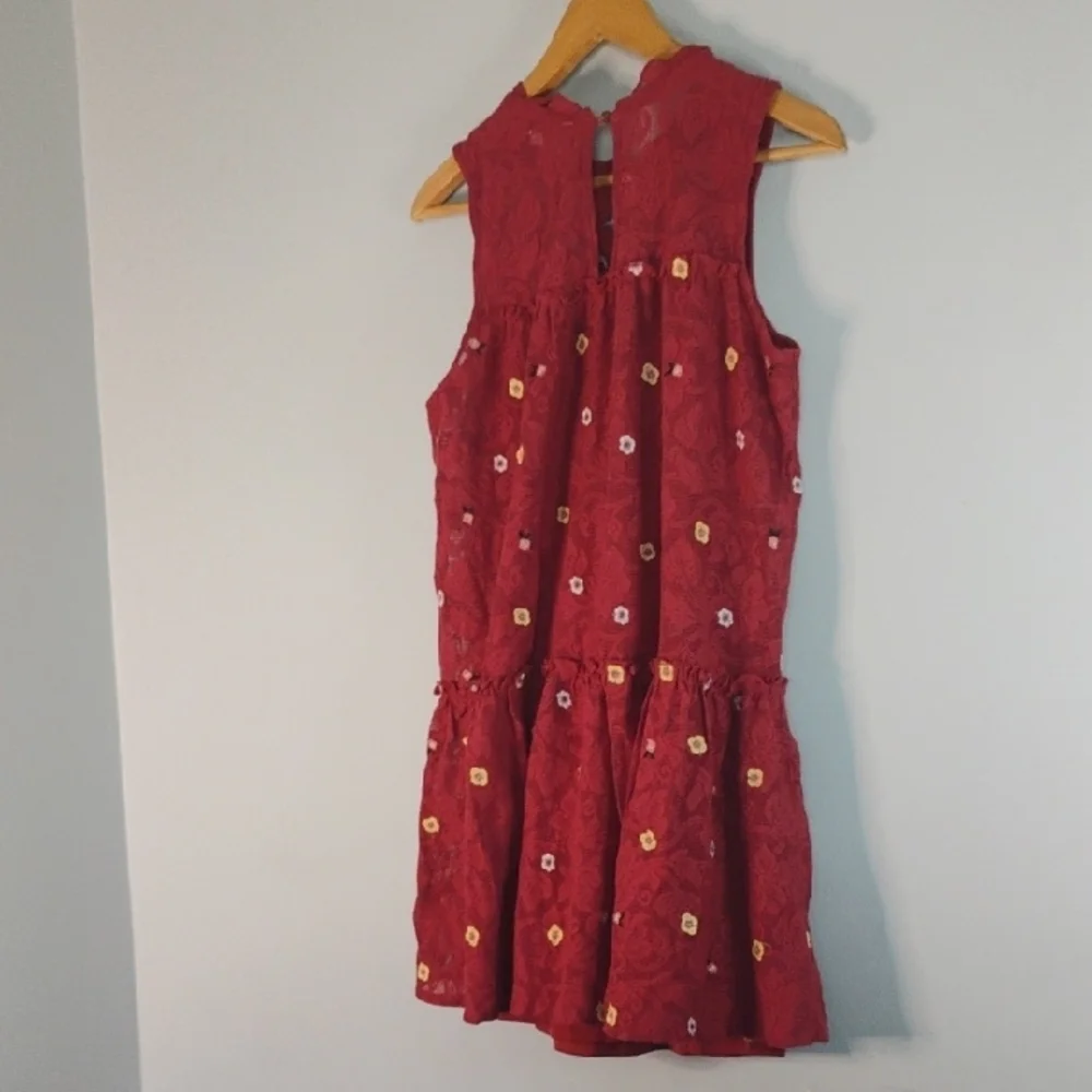 Mi ami Red Sleeveless Ruffled Crew Neck Floral Embroidered Sleeveless Sundress S